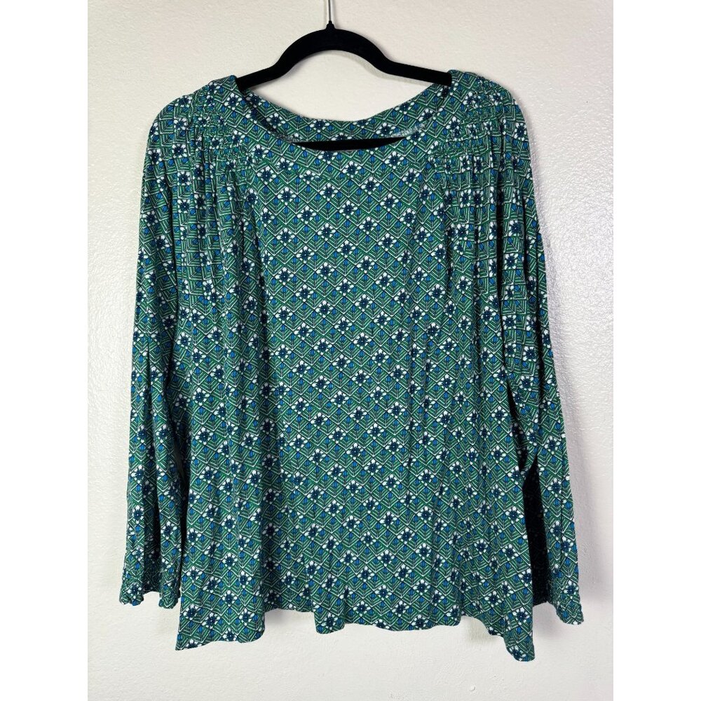 J. Jill Green Blue Floral Long Sleeve Top Size XL Cotton Modal Boho Peasant